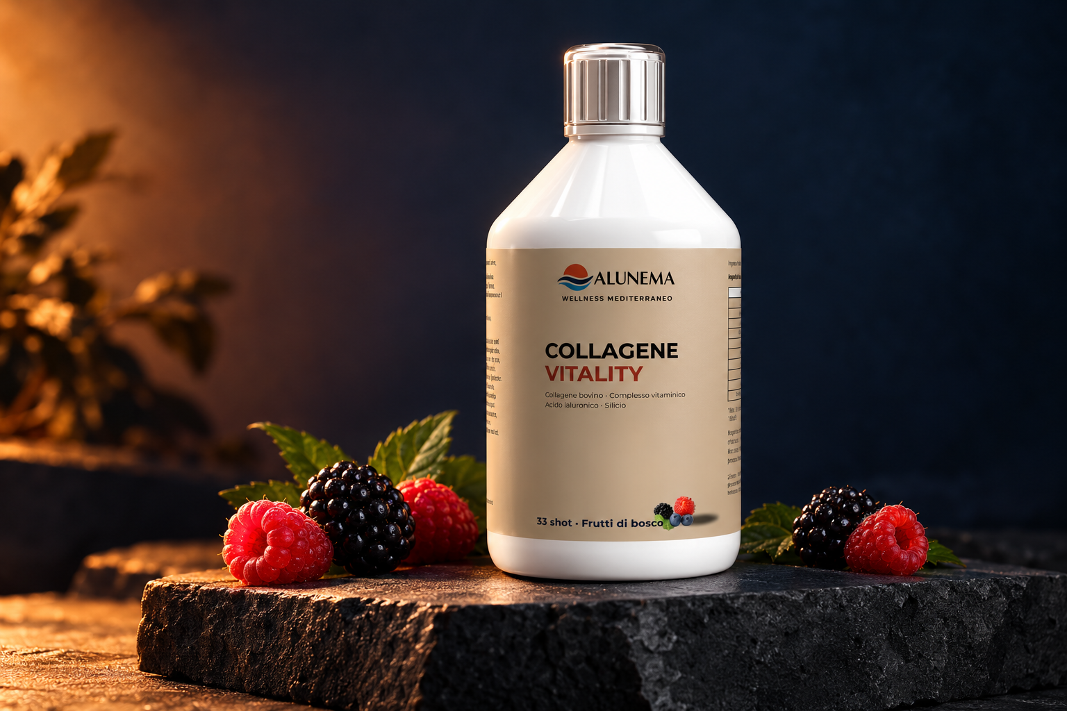 Collagene Vitality ALUNEMA: flacone su un set scuro con luce terracotta